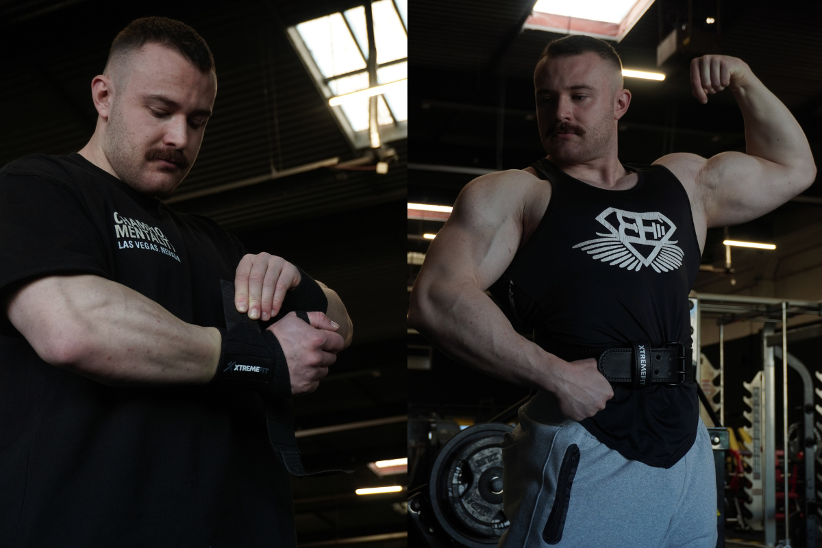 Photo page à propos avec athlète xtremefit dans une salle de musculation équiper d'une ceinture de muscu avec boucle en cuir noir et des bandes de protections de poignets noir