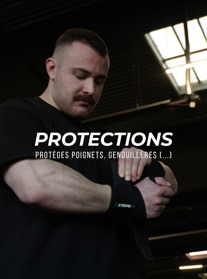 Image de la catégorie protections de la page accueil du site xtremefit. La catégorie protections contient des équipements tel que protèges poignets, genouillères néoprènes 7MM, coudières néoprènes 7MM, Bandes de genoux, Ceinture de powerlifting 13MM, ceinture de muscu en cuir, ceinture de muscu en néoprène. Pour la musculation, le powerlifting, le bodybuilding, le fitness et l'haltérophilie