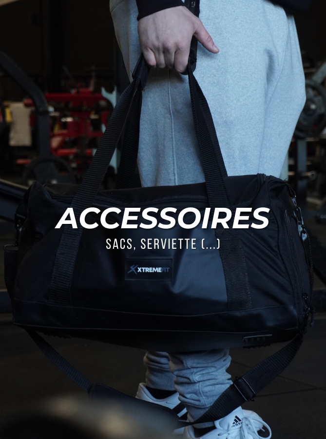 Image de la catégorie accessoires de la page accueil du site xtremefit. La catégorie accessoires contient des équipements tel que le sac tactique de 45L noir pour la musculation avec plusieurs rangements, le sac de fitness pour femme et homme, le harnais de tête pour le renforcement du cou. Pour la musculation, le powerlifting, le bodybuilding, le fitness et l'haltérophile